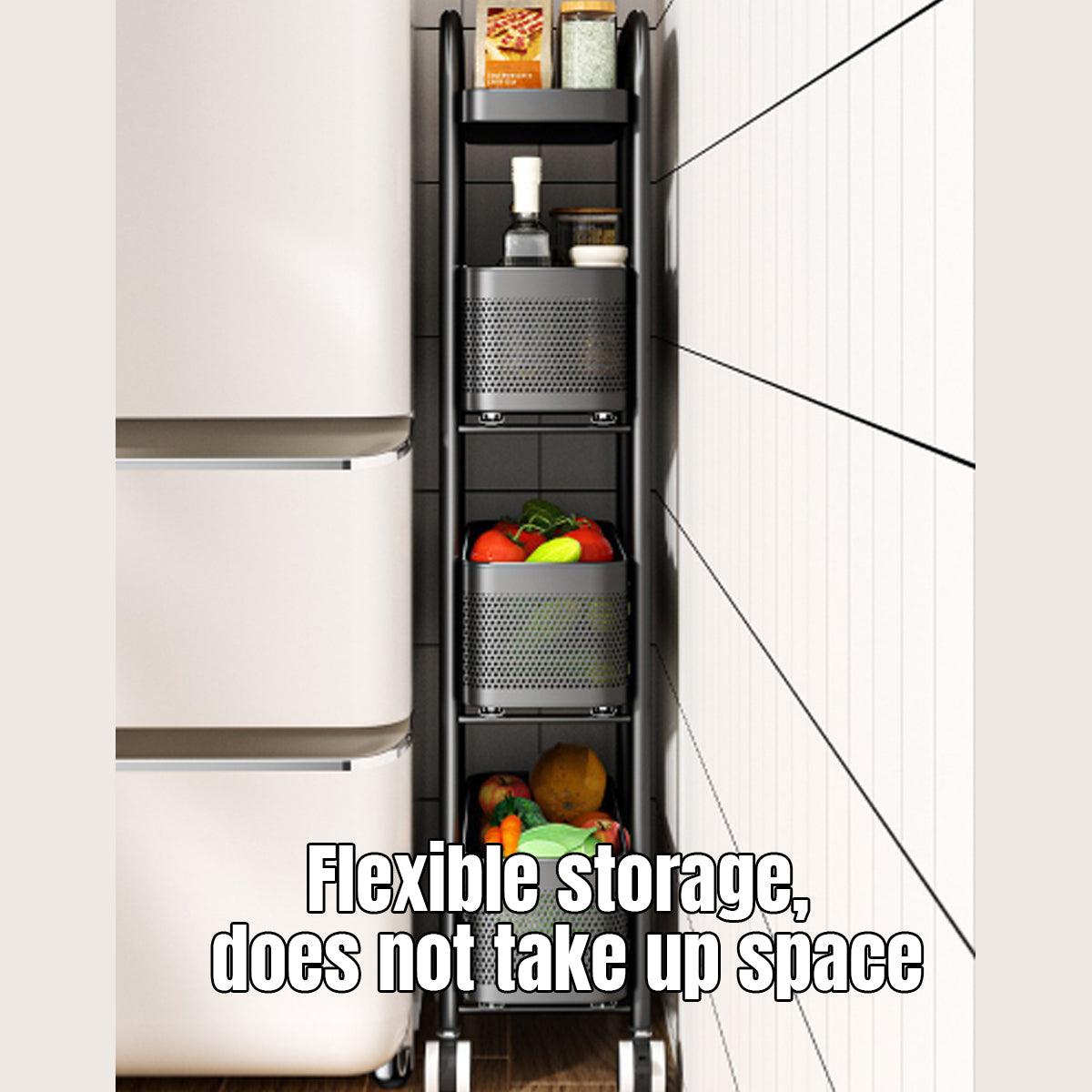 Three-tier slim metal storage trolley with smooth-rolling wheels and perforated baskets for tight spaces. — view 4