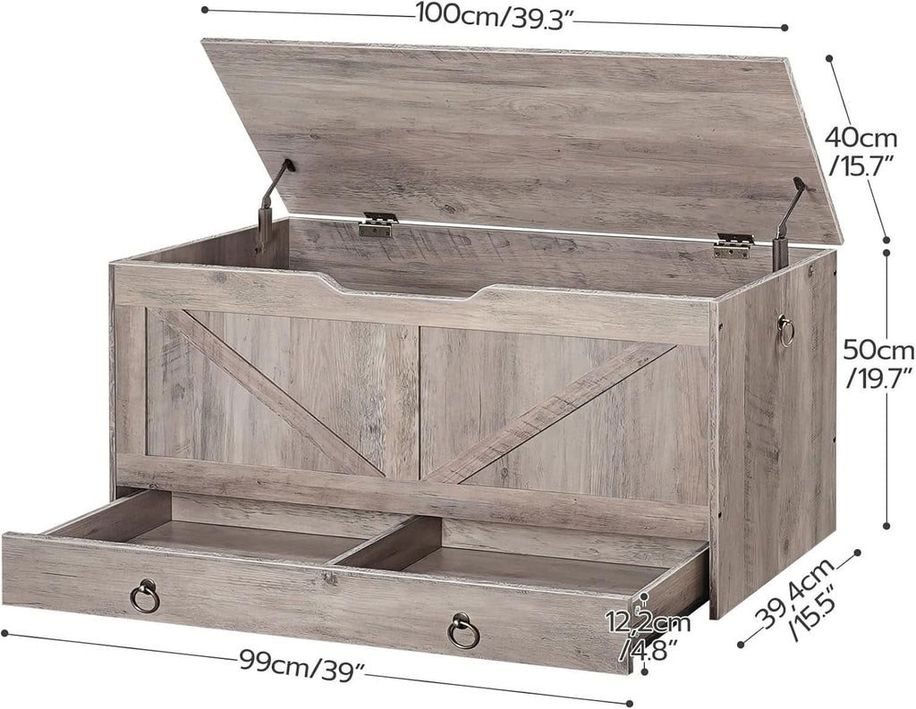 Greige solid wood storage bench toy chest with a bottom sliding drawer and U-shaped opening — view 3