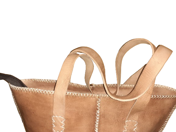 Medium rectangular rustic cowhide leather handbag with white stitching and sturdy dual handles. — view 3