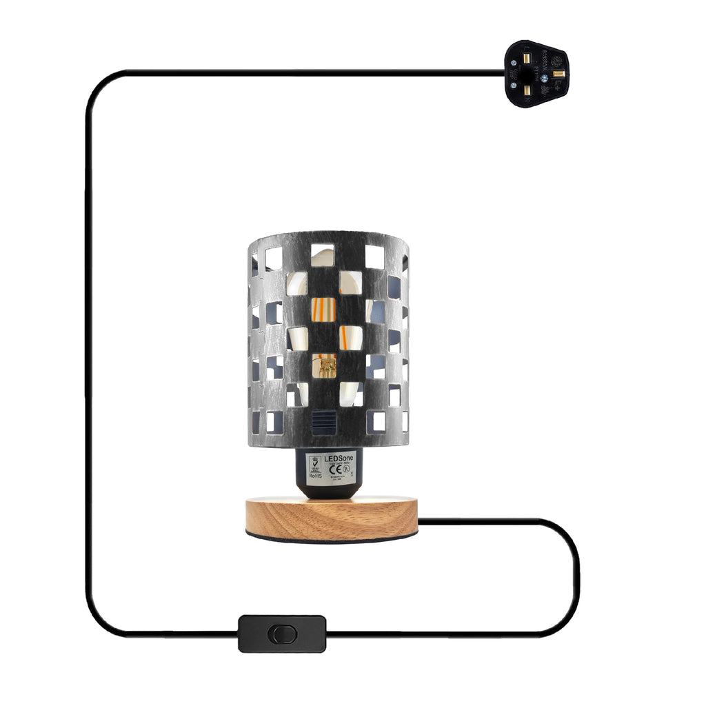 Antique brass bedside table lamp with wood base and metal wire cage cylinder design. — view 5