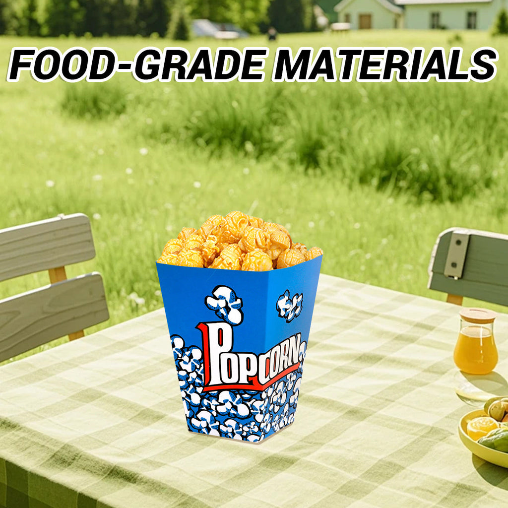 Disposable blue paper popcorn boxes with vintage print for snacks, fries, and movie nights. — view 4