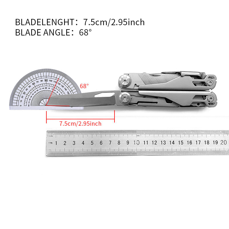 Silvery 18-in-1 stainless steel folding multitool showing pliers, knife, saw, and pocket clip. — view 4
