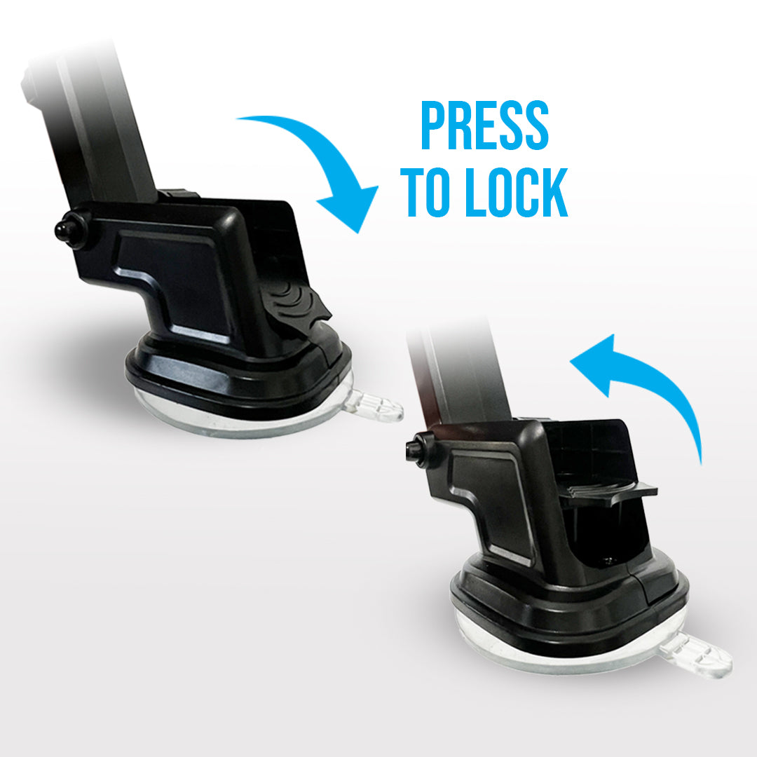 Adjustable long neck car phone mount with one touch release holding a smartphone on dashboard — view 5