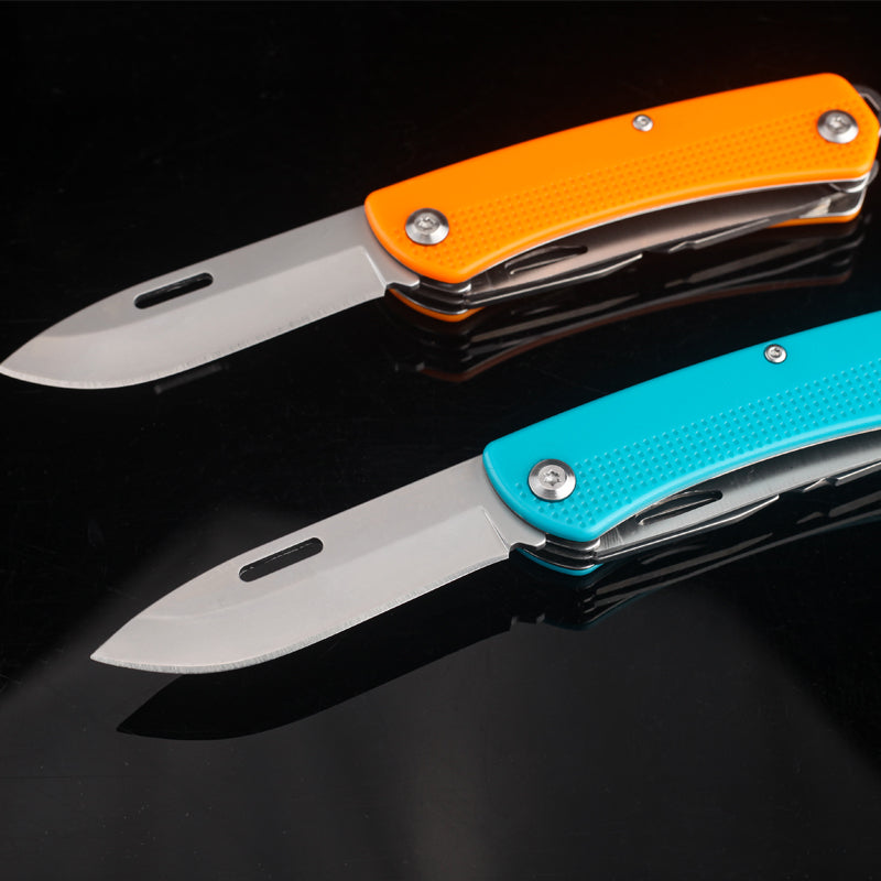 7-in-1 stainless steel pocket knife multitool with black plastic handle and multiple deployed utility blades — view 5
