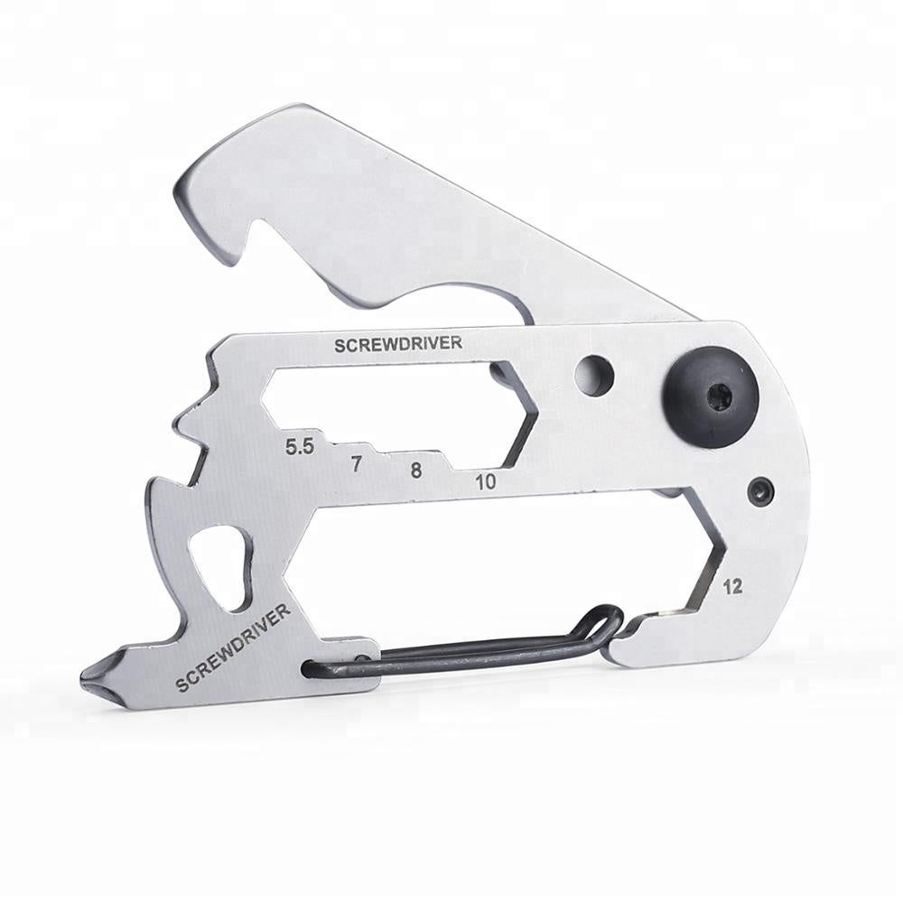 Black 10-in-1 stainless steel EDC pocket multitool with carabiner wrenches and screwdrivers for outdoor survival — view 5