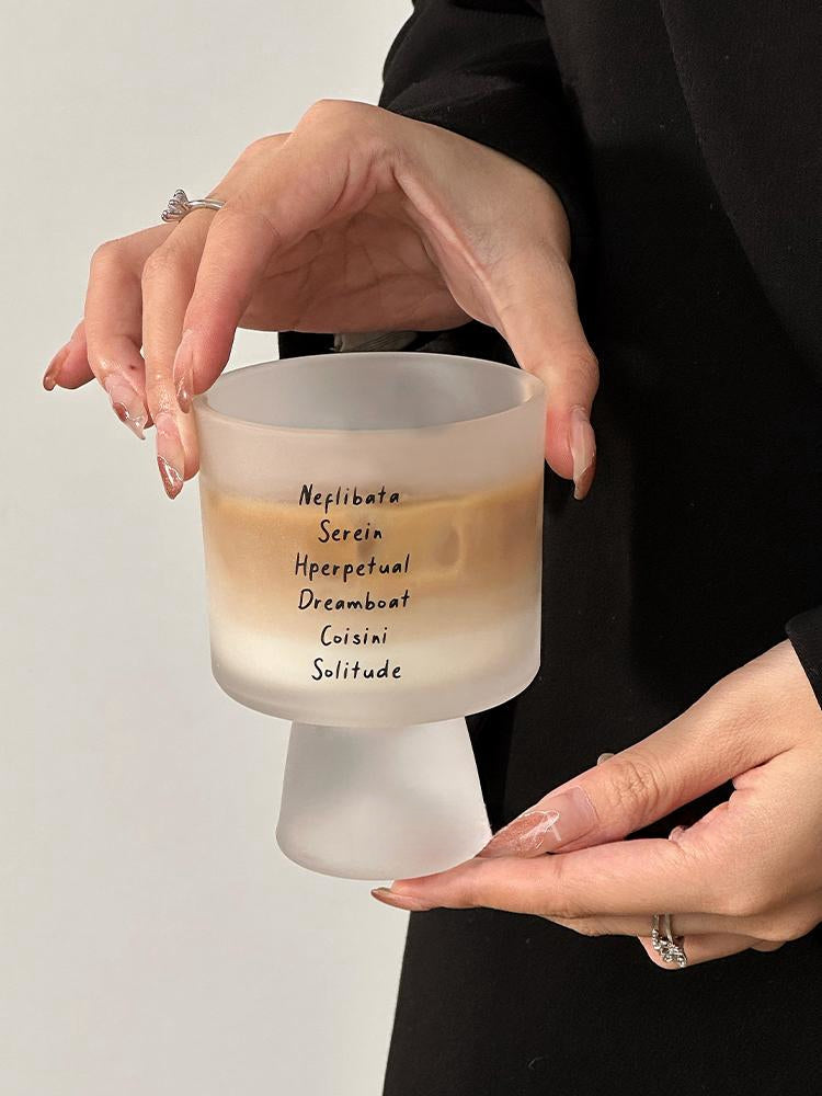 Letters glass coffee cup with sleek typography, 230ml clear minimalist mug for hot and cold beverages