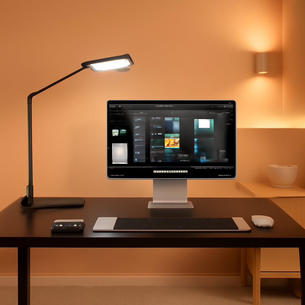 Professional dimmable LED desk lamp with integrated webcam lighting for home office workspaces