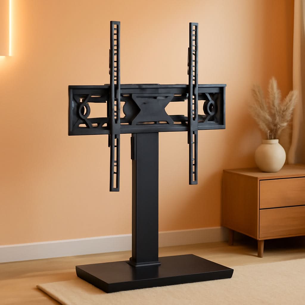Universal TV stand with a tempered glass base supporting a large flat screen television display