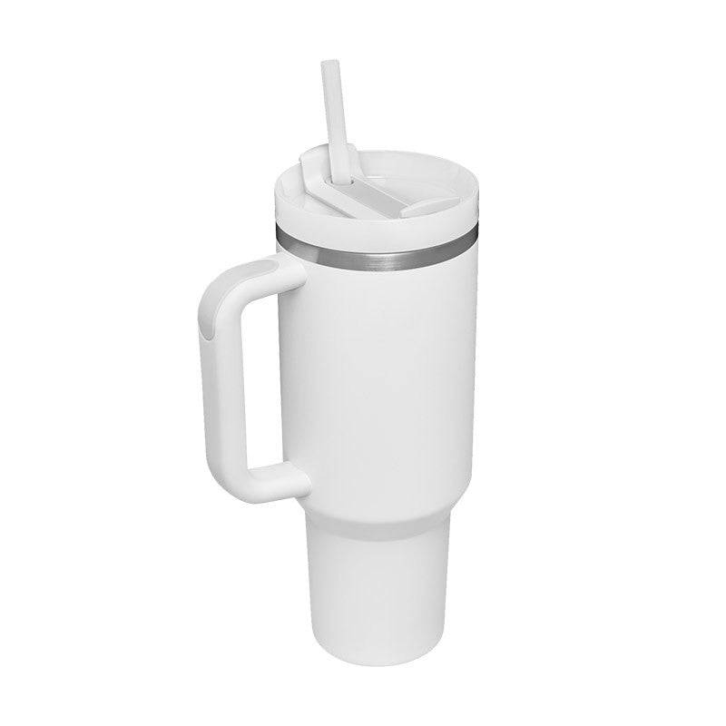 Large 40 oz stainless steel insulated travel mug with side handle and drinking straw lid — view 4