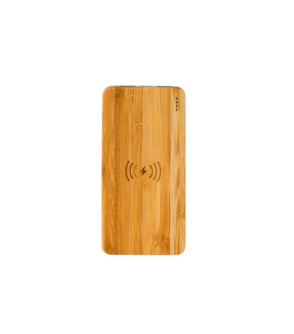 Rectangular bamboo wireless charger power bank resting on a sleek modern desktop workspace