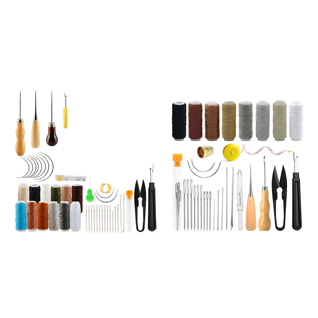 Hand sewing and leather craft kit featuring big eye needles, cotton thread spools, and wooden awls — view 2