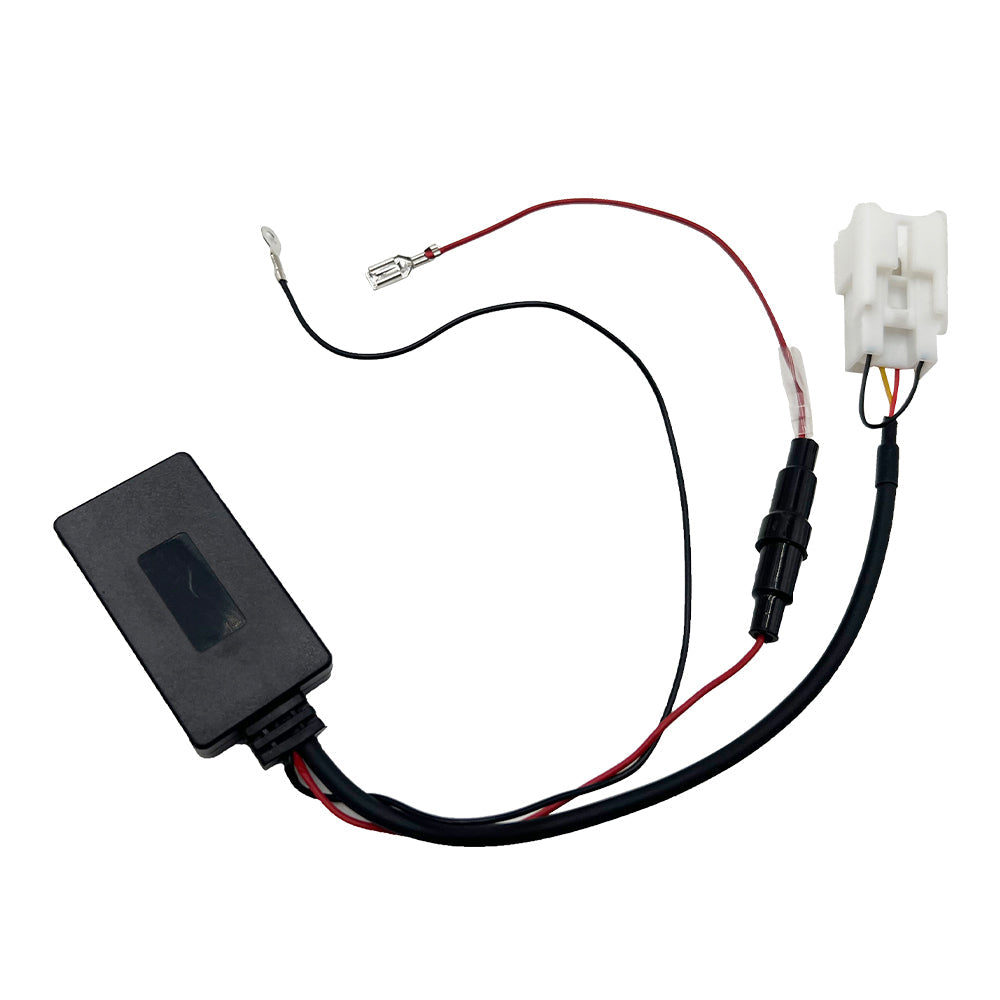 Black Bluetooth 5.0 car audio adapter module with wire harness and plug and play connector