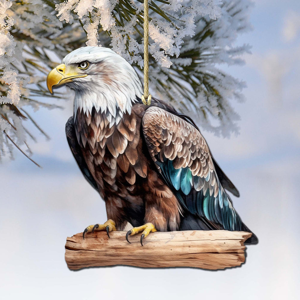 Bald eagle painted on a rustic round birch plywood wooden Christmas holiday ornament
