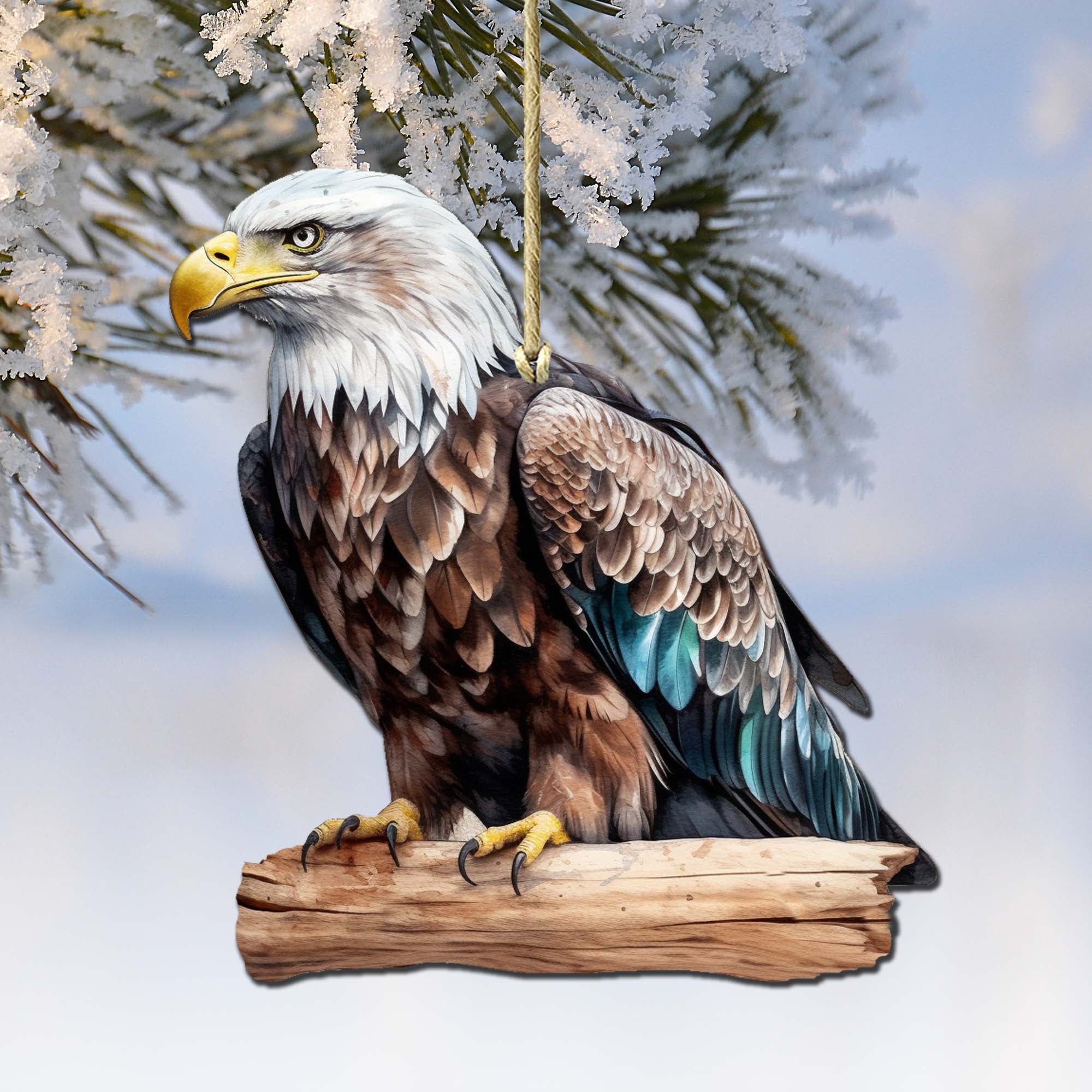 Bald eagle painted on a rustic round birch plywood wooden Christmas holiday ornament