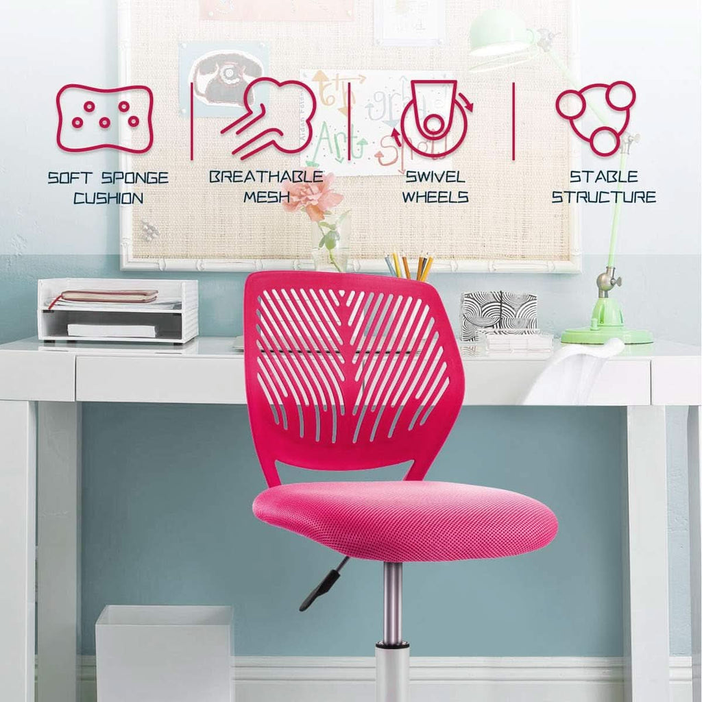 Rose pink adjustable kids desk chair with lumbar support, armless design, and swivel caster wheels — view 4