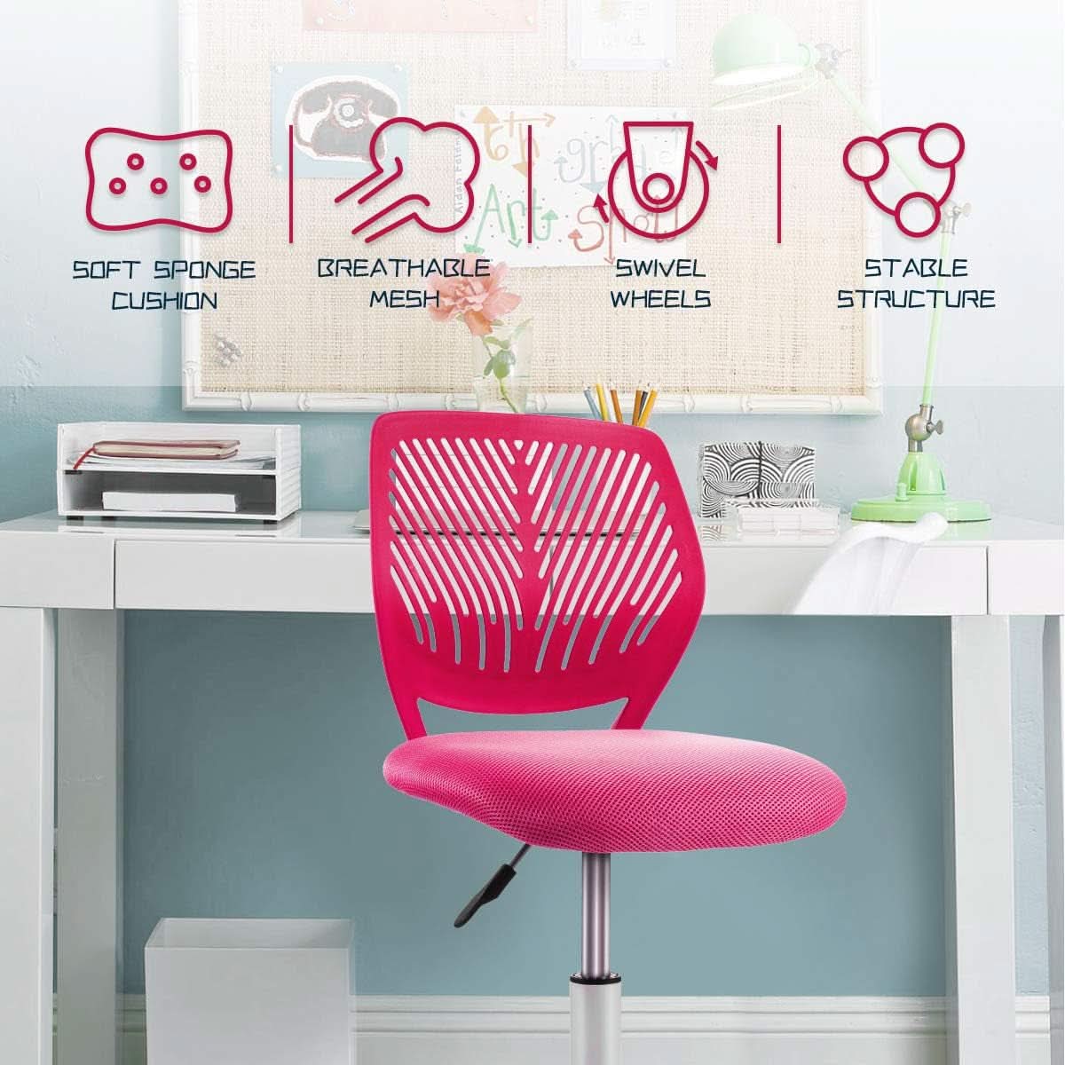 Rose pink adjustable kids desk chair with lumbar support, armless design, and swivel caster wheels — view 4
