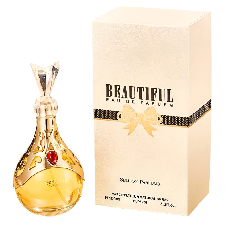 Luxurious golden bottle of floral and citrus women's perfume featuring jasmine and ylang notes.