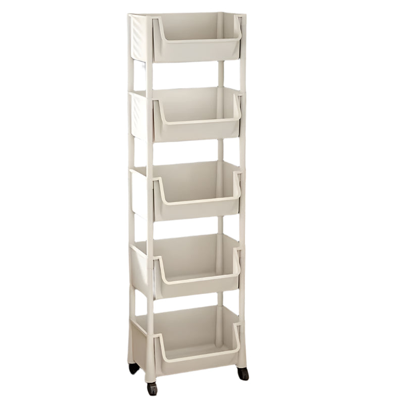 Light beige 5-tier mobile bookshelf utility cart with rolling wheels and recessed backless plastic shelves.