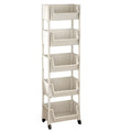 Light beige 5-tier mobile bookshelf utility cart with rolling wheels and recessed backless plastic shelves.