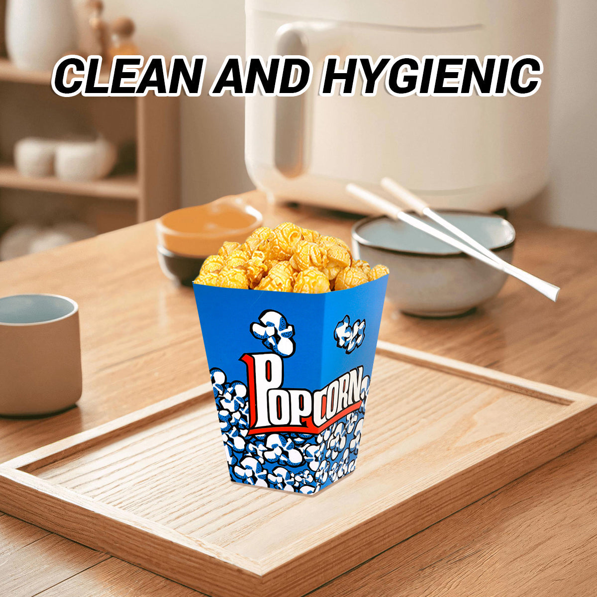 Disposable blue paper popcorn boxes with vintage print for snacks, fries, and movie nights. — view 5