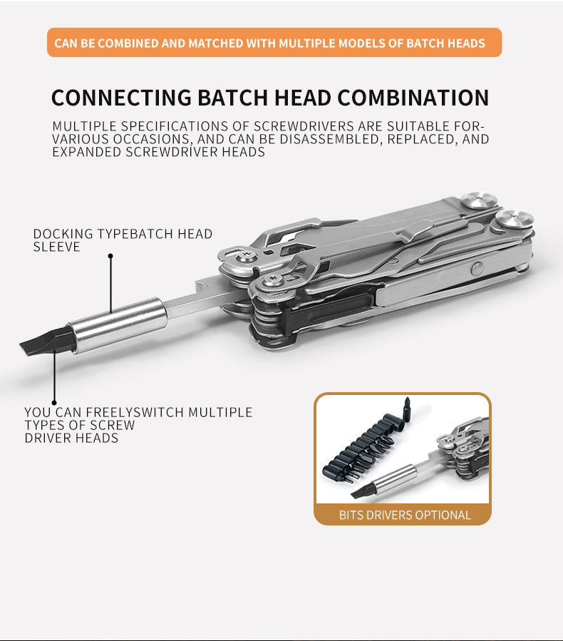Silvery 18-in-1 stainless steel folding multitool showing pliers, knife, saw, and pocket clip. — view 5
