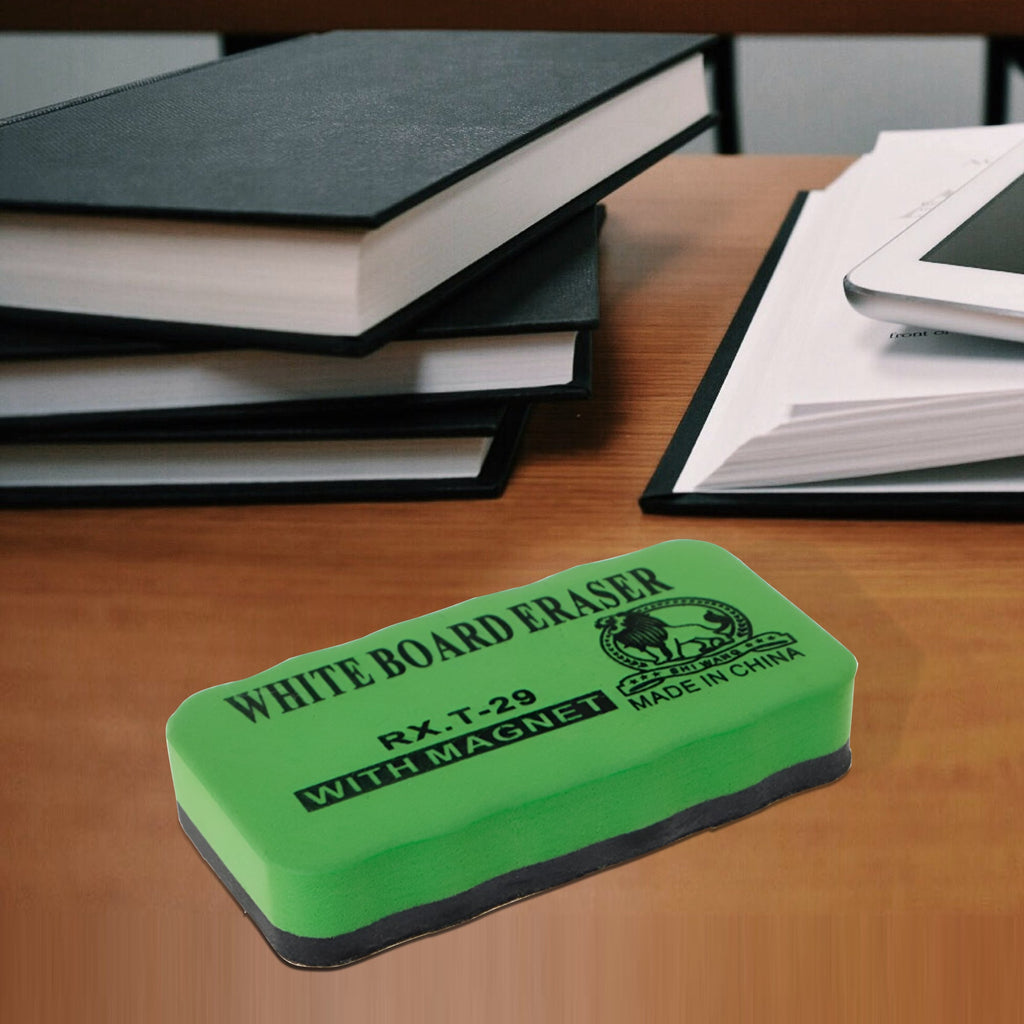 Modern magnetic whiteboard eraser with a thick felt bottom pad and brightly colored EVA plastic top — view 2