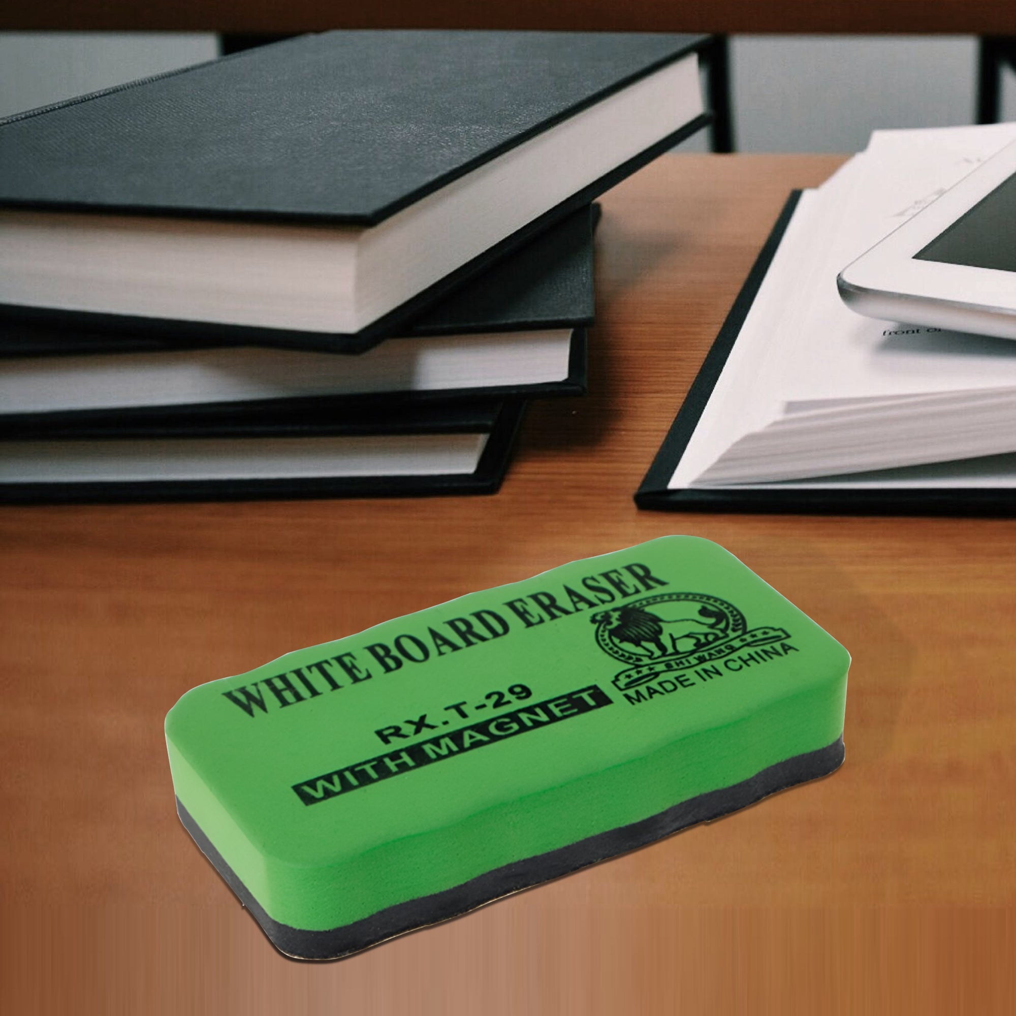 Modern magnetic whiteboard eraser with a thick felt bottom pad and brightly colored EVA plastic top — view 2