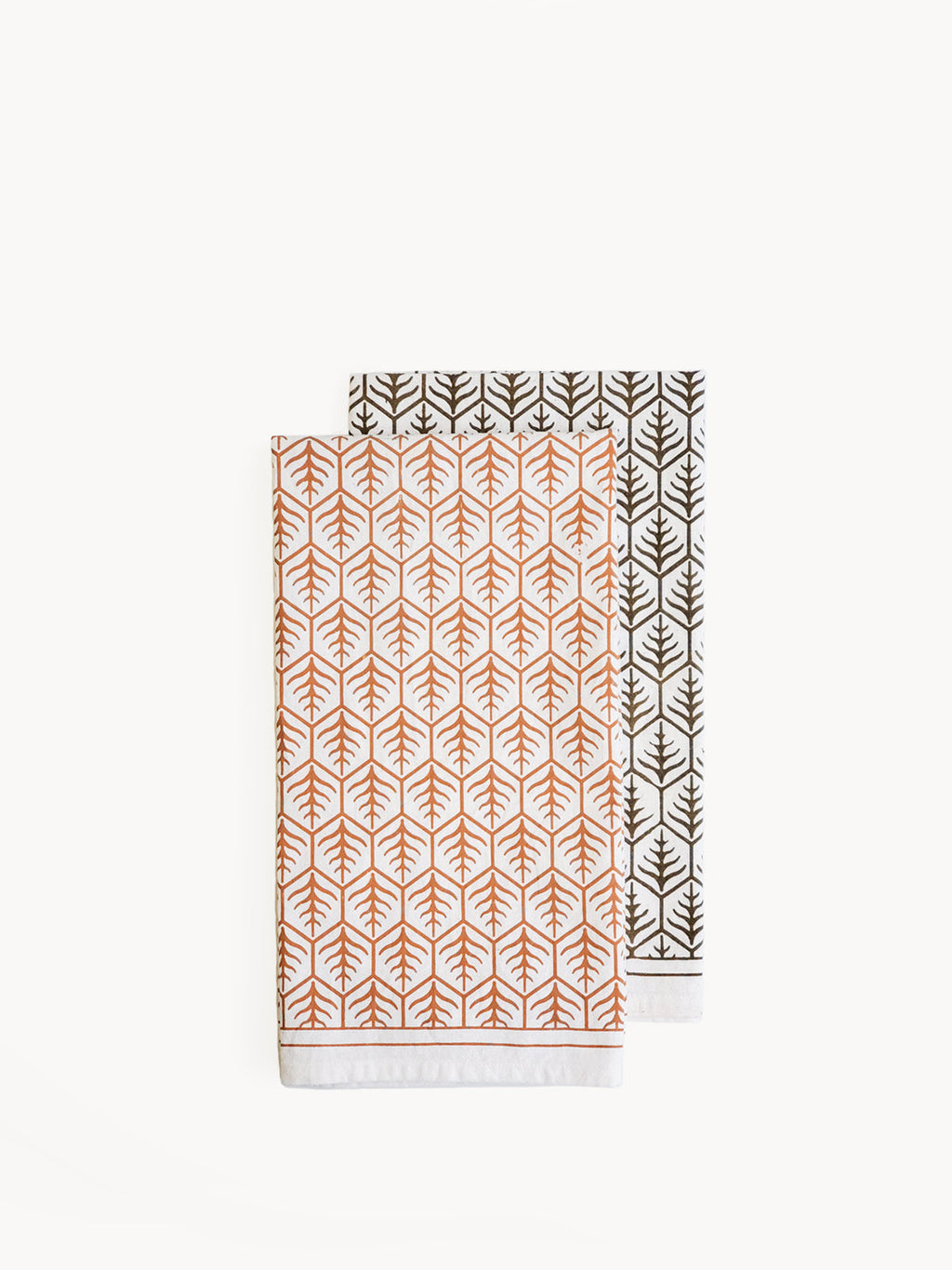 Hand screen-printed tea towel in natural white cotton with brown earthy artisan design patterns