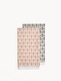 Hand screen-printed tea towel in natural white cotton with brown earthy artisan design patterns