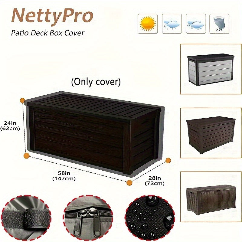 Black deck box cover made of waterproof 210D fabric protecting a rectangular outdoor patio storage unit — view 5