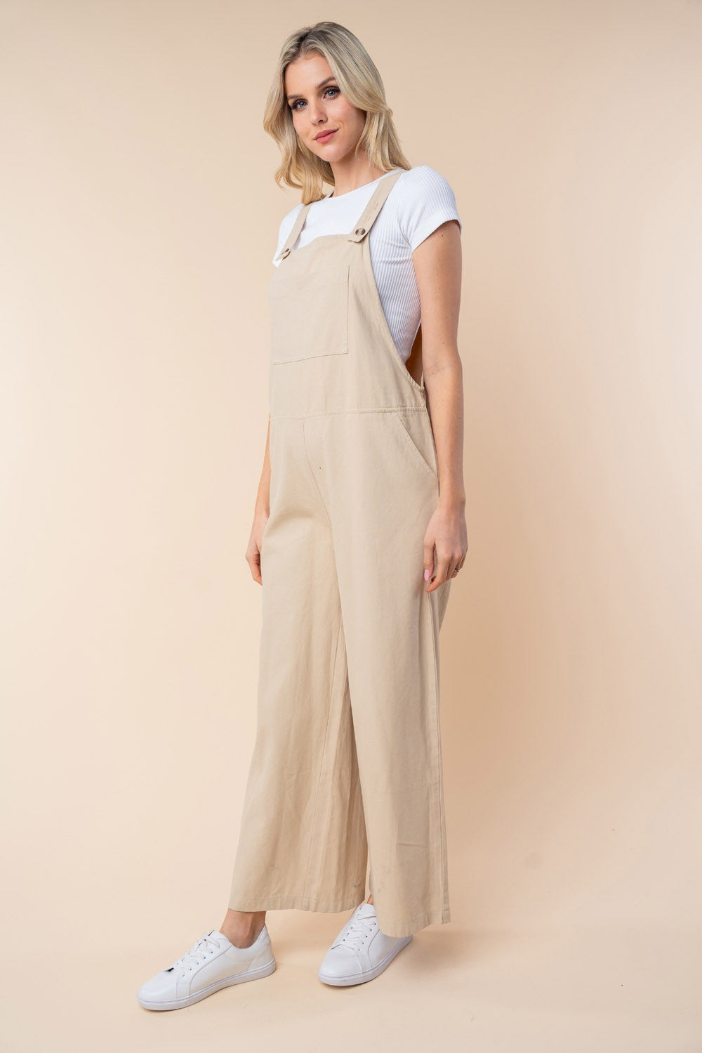 White Birch sleeveless wide leg jumpsuit in solid cotton with functional pockets for women. — view 3
