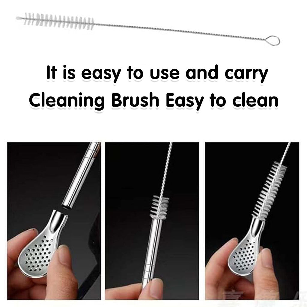 Reusable stainless steel straw spoon set with removable filter and cleaning brush for hot beverages — view 4