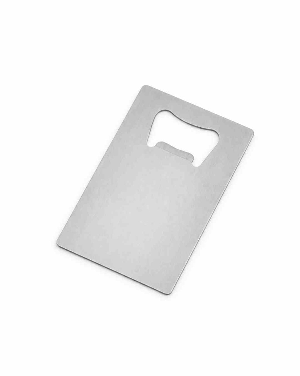 Credit card style stainless steel bottle opener designed for slim wallet storage and everyday carry