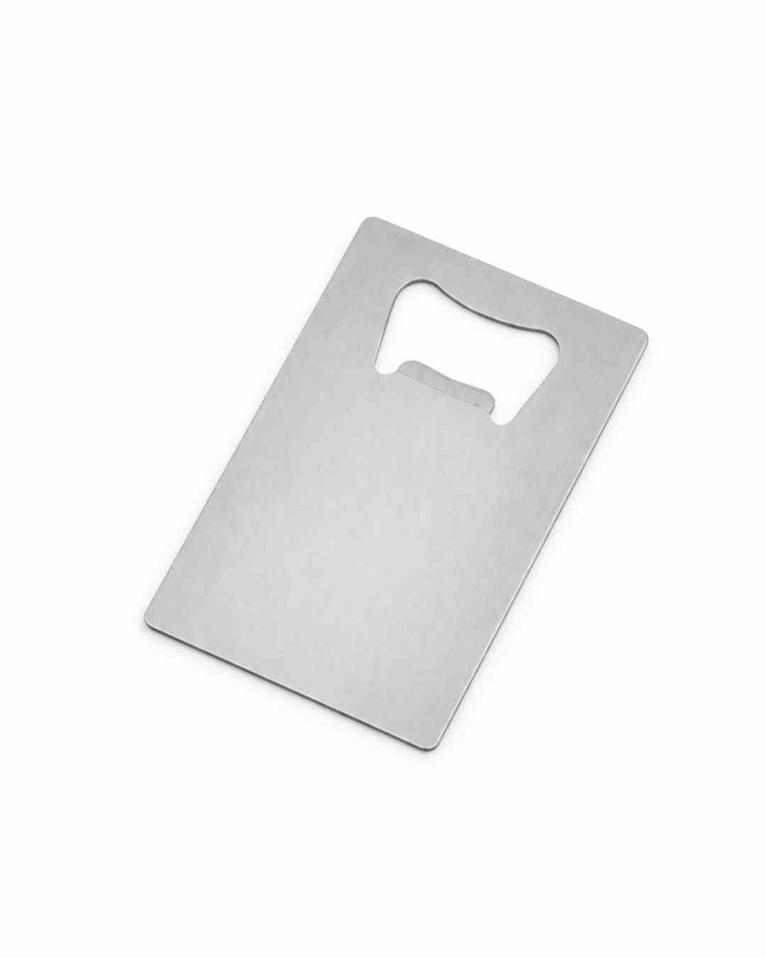 Credit card style stainless steel bottle opener designed for slim wallet storage and everyday carry