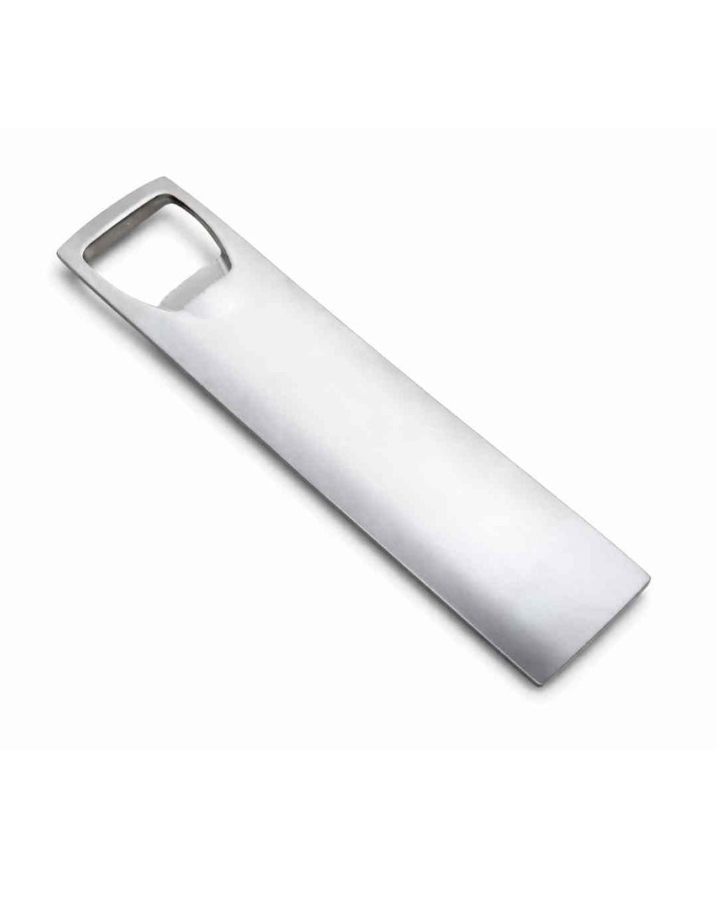 Long rectangle stainless steel bottle opener with a sleek polished finish for modern home bars