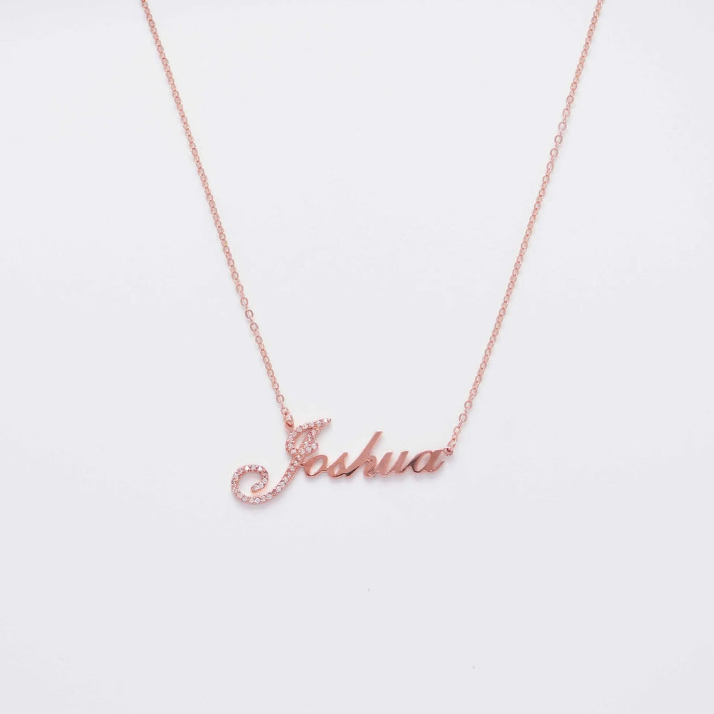 Personalized full silver diamond pendant necklace displaying custom nameplate on adjustable chain