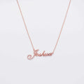 Personalized full silver diamond pendant necklace displaying custom nameplate on adjustable chain