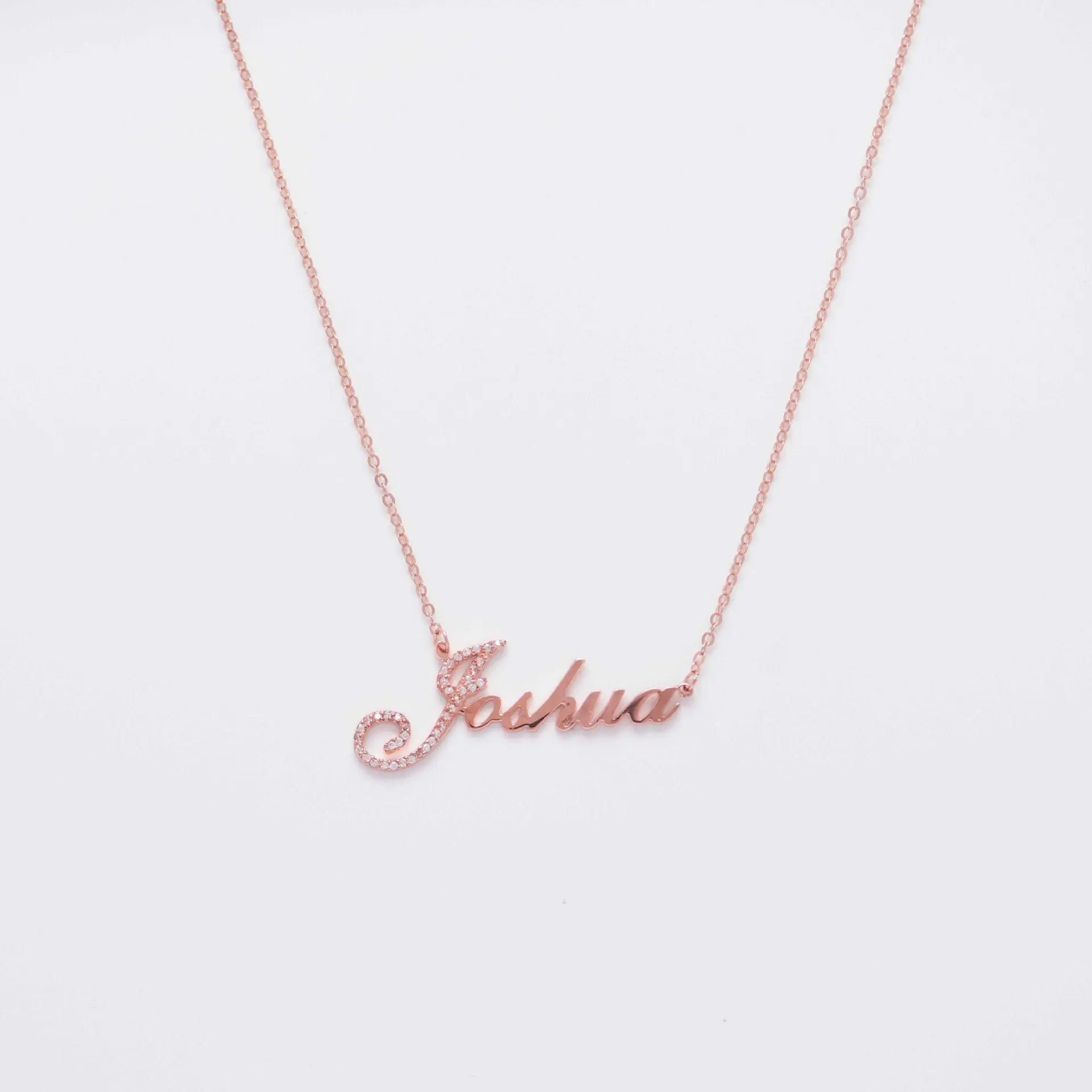 Personalized full silver diamond pendant necklace displaying custom nameplate on adjustable chain