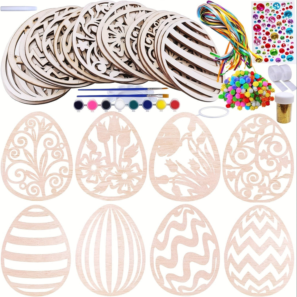 24 piece DIY wooden egg craft kit featuring unpainted hanging ornaments with etched floral patterns — view 2