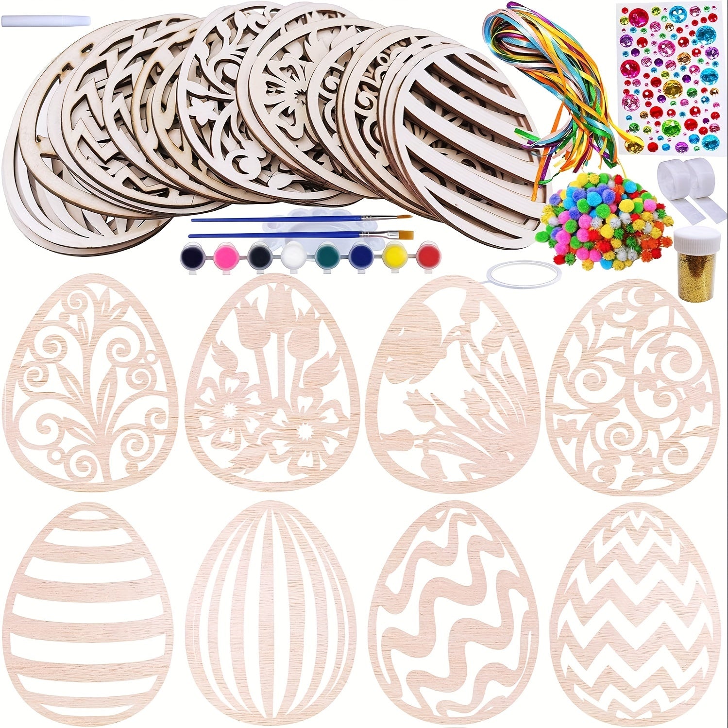 24 piece DIY wooden egg craft kit featuring unpainted hanging ornaments with etched floral patterns — view 2