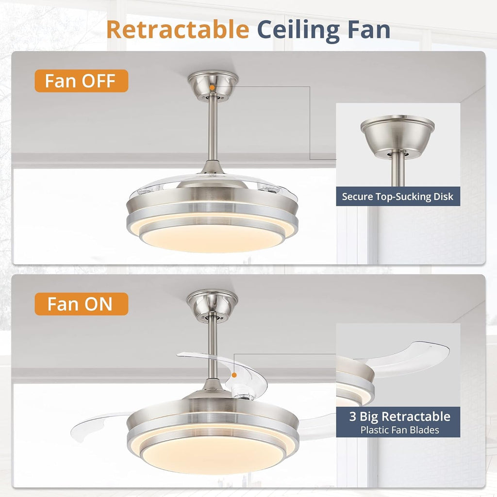 42 inch LED ceiling fan in brushed nickel with transparent retractable blades and light fixture — view 3