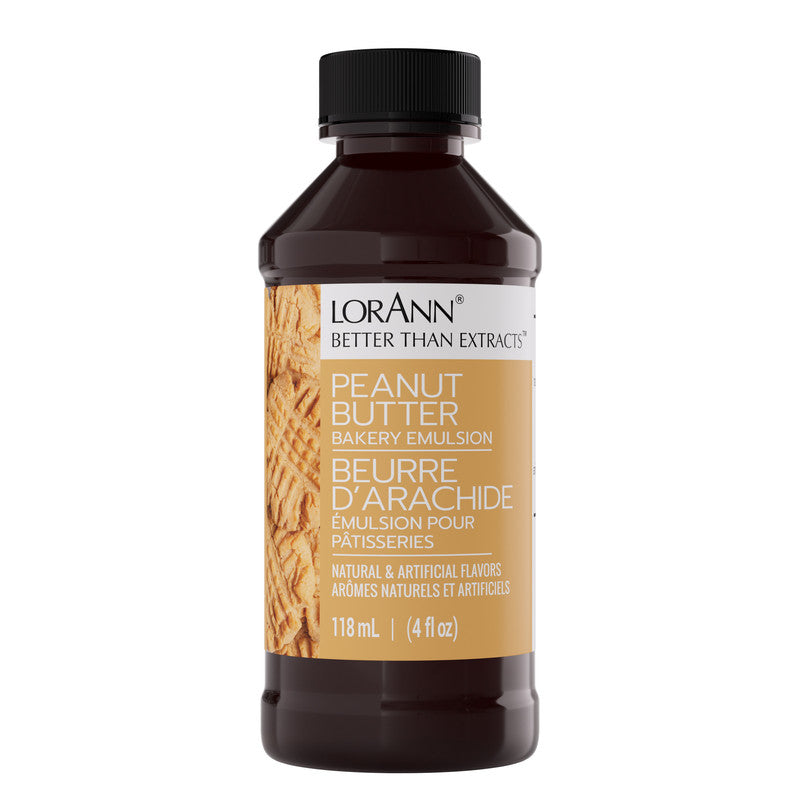 Peanut butter bakery emulsion in a recyclable plastic bottle for nut free baking