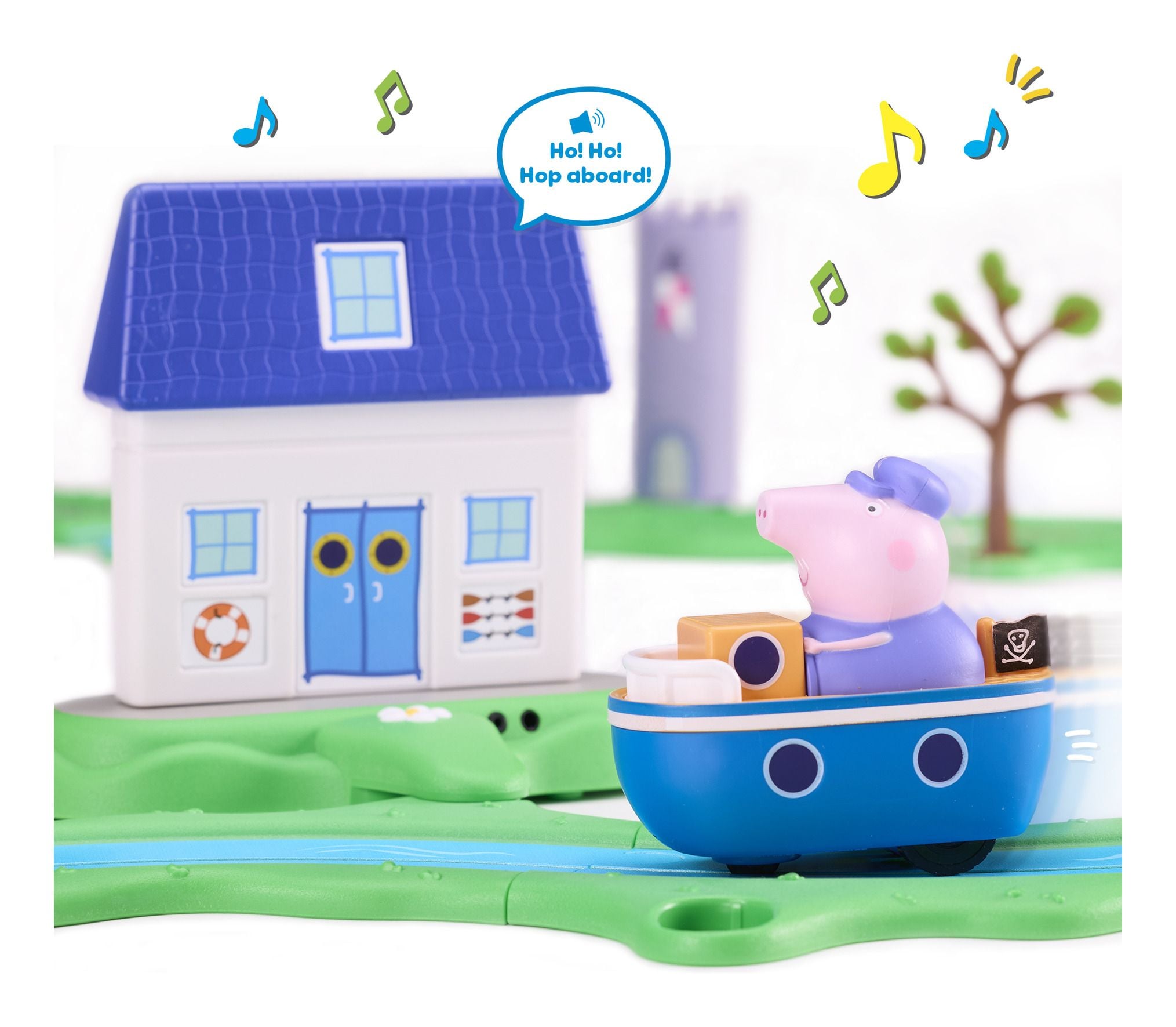 Peppa Pig bobbing along boat set with tracks, boat house, and Grandpa Pig toy vehicle — view 2