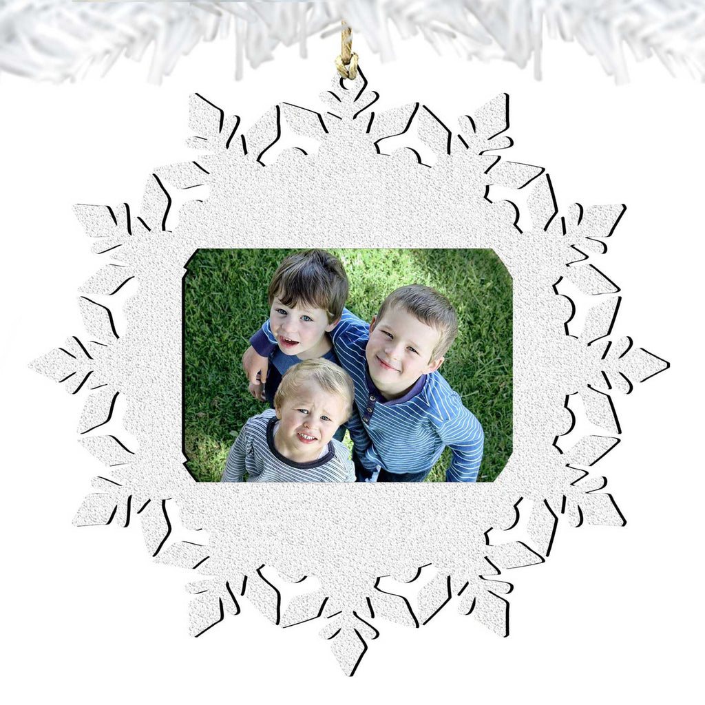 Handcrafted wooden snowflake Christmas picture frame ornament for four by two inch photos — view 4
