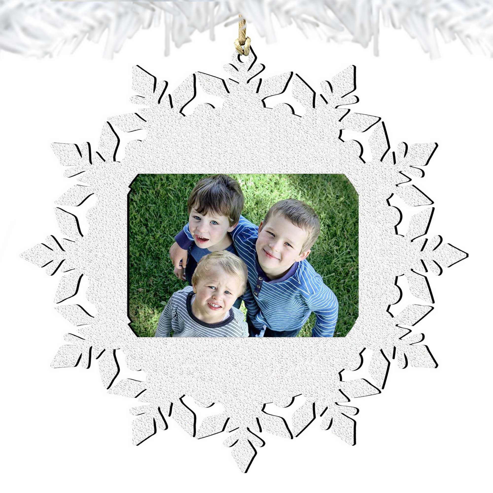 Handcrafted wooden snowflake Christmas picture frame ornament for four by two inch photos — view 4