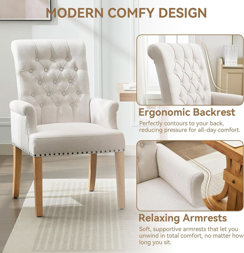 Beige upholstered dining chair with armrests, tufted backrest, and solid wood legs on a neutral background — view 3