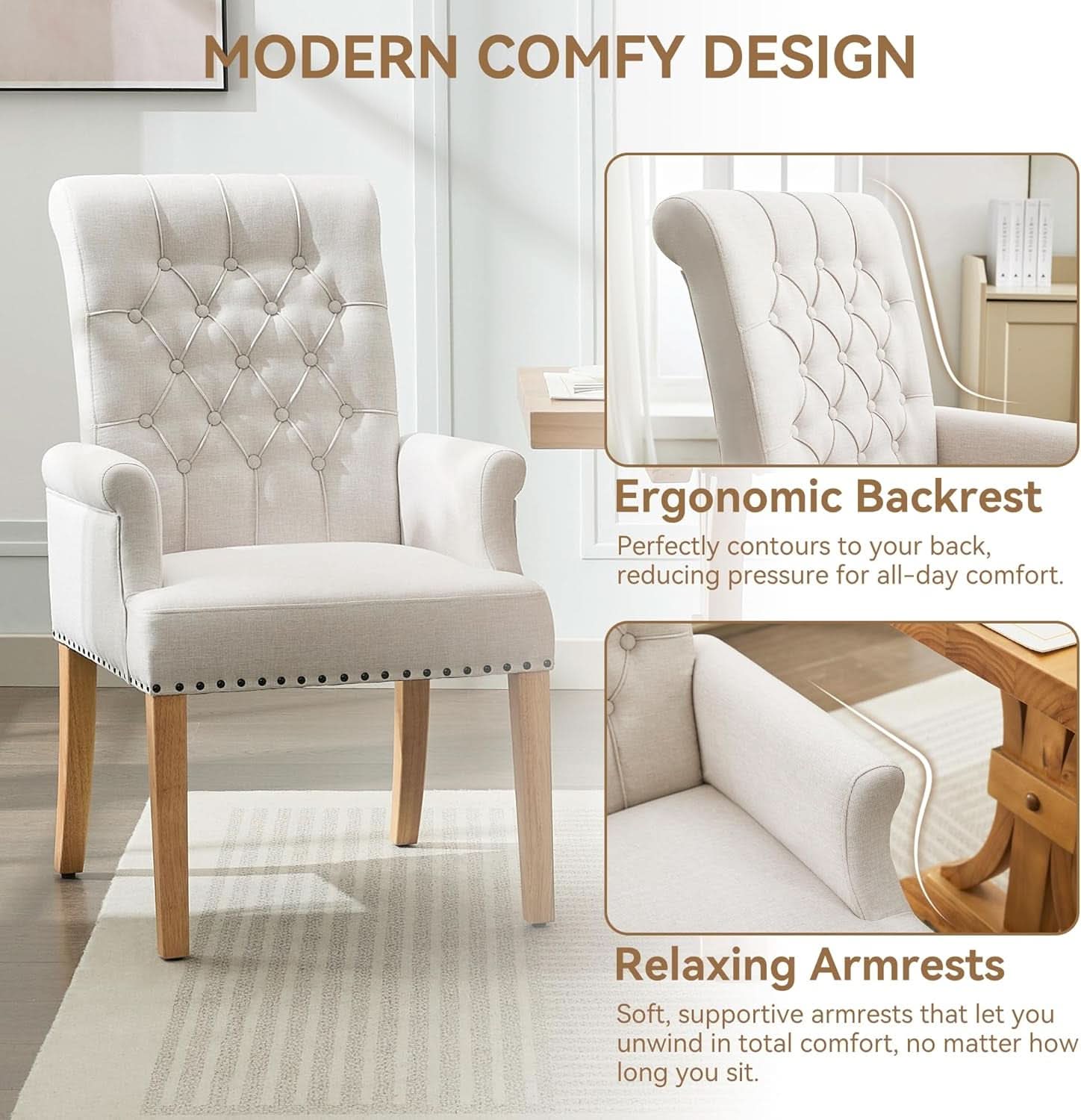 Beige upholstered dining chair with armrests, tufted backrest, and solid wood legs on a neutral background — view 3