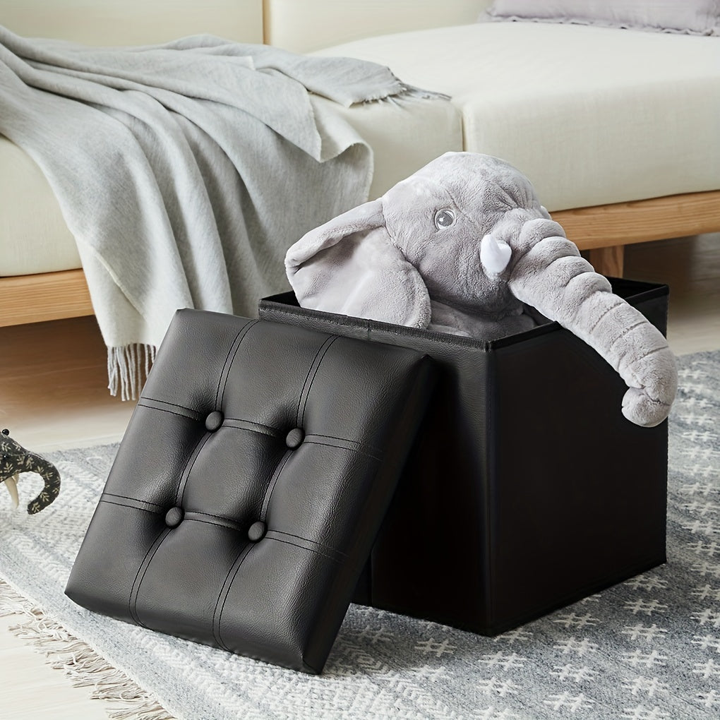 Black foldable faux leather storage stool and footrest for compact living and home organization — view 5