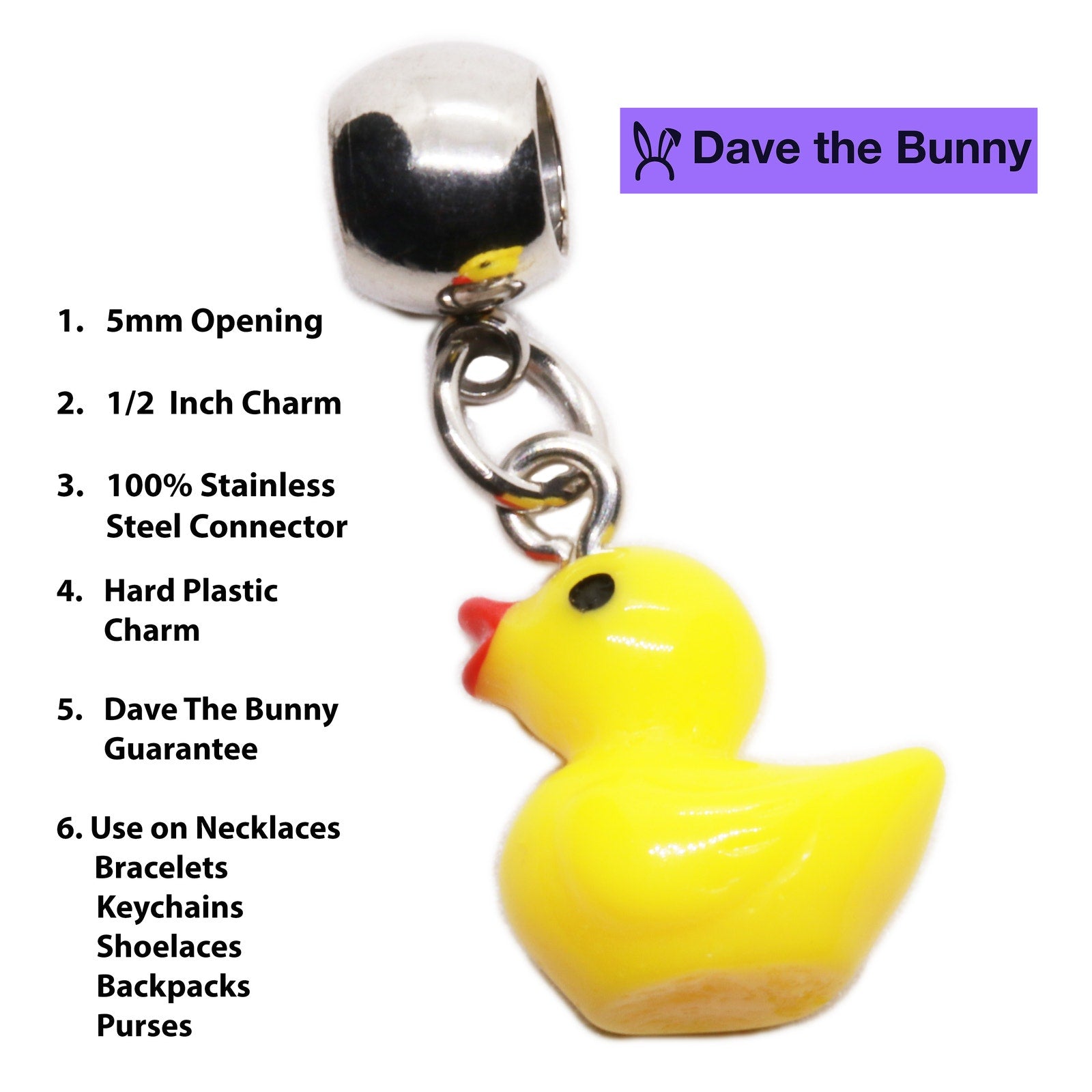 Yellow rubber duck pendant necklace on a polished silver tone chain with purple gift pouch — view 4