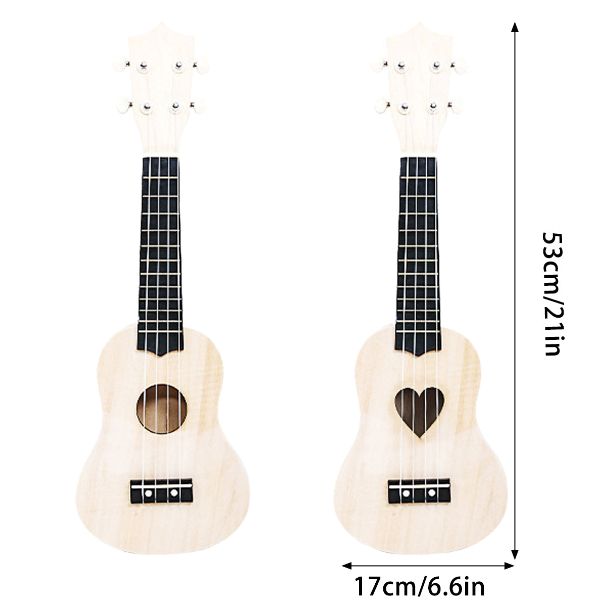 Unassembled 21-inch blank wood DIY ukulele kit with neck, fretboard, strings, and heart sound hole — view 3